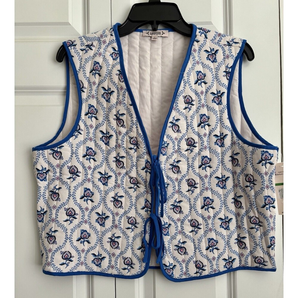 Nanette Lepore Quilted Vest Tie Front White Blue Floral Cotton Waistcoat L/XL - Picture 2 of 4